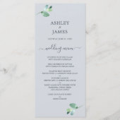 Chic Script Eucalyptus Foliage Pastel Blue Wedding Menükarte (Vorderseite)