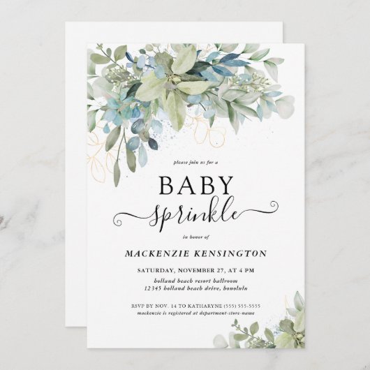 Chic Script Eucalyptus Greenery Baby Sprinkle Einladung (Vorne/Hinten)