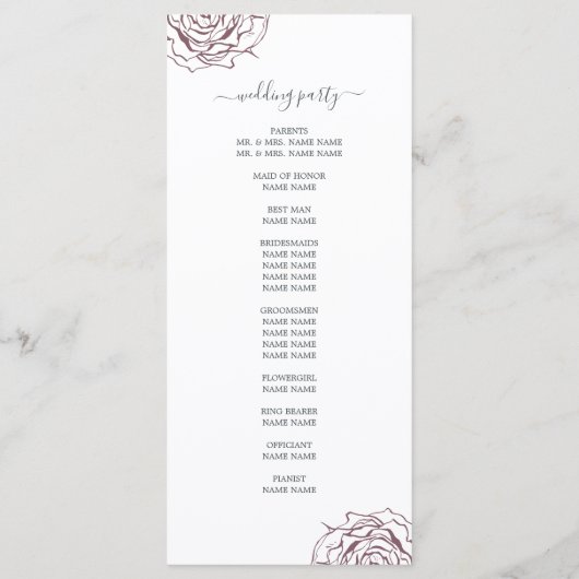 Chic Script floral Burgundy Rose Simple Wedding Programm (Rückseite)