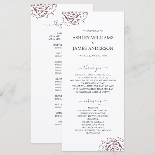 Chic Script floral Burgundy Rose Simple Wedding Programm (Vorne/Hinten)