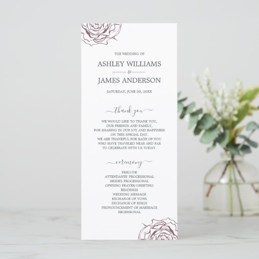 Chic Script floral Burgundy Rose Simple Wedding Programm (Stehend Vorderseite)