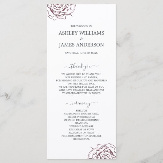 Chic Script floral Burgundy Rose Simple Wedding Programm (Vorderseite)