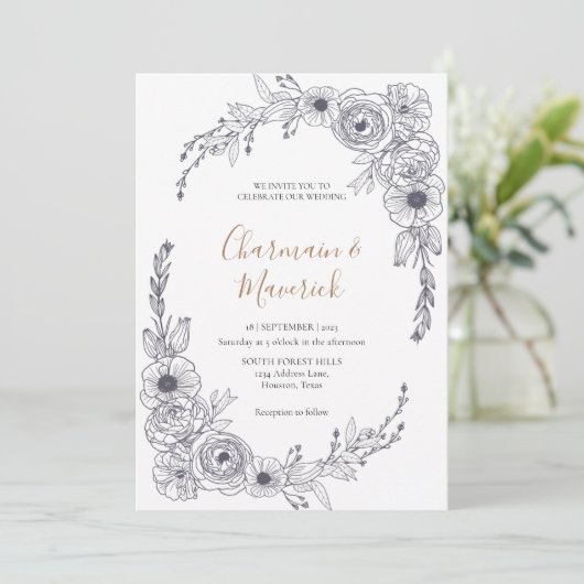 Chic Script Floral Frame Wedding Einladung (Stehend Vorderseite)