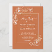 Chic Script floral Kontur Burnt Orange Wedding Einladung (Vorderseite)