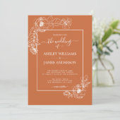 Chic Script floral Kontur Burnt Orange Wedding Einladung (Stehend Vorderseite)