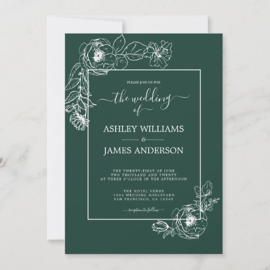 Chic Script floral Kontur Dark Green Wedding Einladung (Vorderseite)