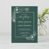 Chic Script floral Kontur Dark Green Wedding Einladung (Stehend Vorderseite)