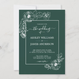Chic Script floral Kontur Dark Green Wedding Einladung