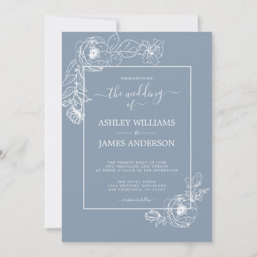 Chic Script Floral Kontur Dusty Blue Wedding Einladung (Vorderseite)
