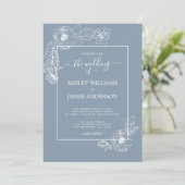 Chic Script Floral Kontur Dusty Blue Wedding Einladung (Stehend Vorderseite)