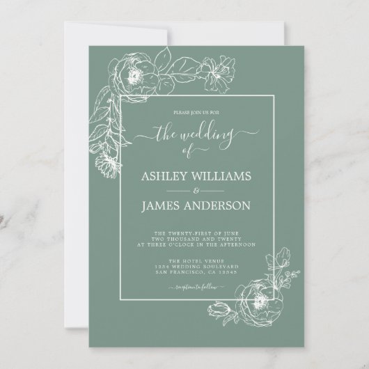 Chic Script Floral Kontur Dusty Green Wedding Einladung (Vorderseite)