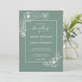 Chic Script Floral Kontur Dusty Green Wedding Einladung (Stehend Vorderseite)