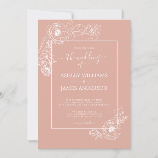 Chic Script floral Kontur Dusty Pink Wedding Einladung (Vorderseite)