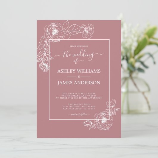 Chic Script Floral Kontur Dusty Rose Wedding Einladung (Stehend Vorderseite)