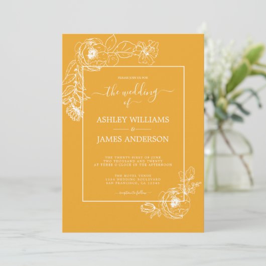 Chic Script Floral Kontur Mellow Yellow Wedding Einladung (Stehend Vorderseite)