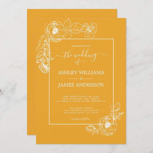 Chic Script Floral Kontur Mellow Yellow Wedding Einladung (Vorne/Hinten)