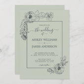 Chic Script floral Kontur Pastel Green Wedding Einladung (Vorne/Hinten)