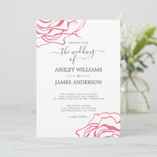 Chic Script floral Kontur Rosa Hochzeit Einladung (Stehend Vorderseite)