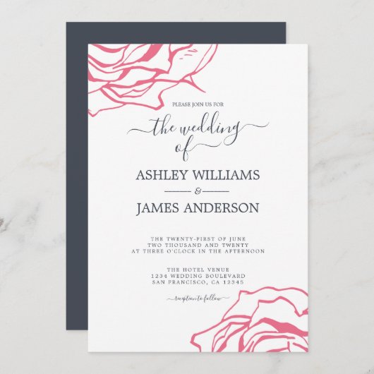 Chic Script floral Kontur Rosa Hochzeit Einladung (Vorne/Hinten)