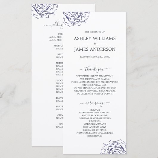 Chic Script Floral Navy Blue Rose Simple Wedding Programm (Vorne/Hinten)