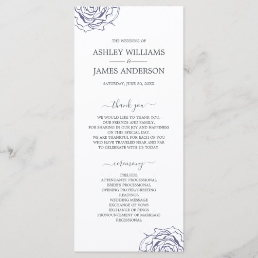 Chic Script Floral Navy Blue Rose Simple Wedding Programm (Vorderseite)