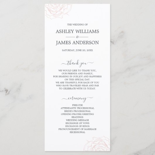 Chic Script floral Pale Rosa einfache Hochzeit Programm (Vorderseite)