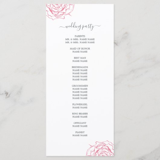 Chic Script floral Pink Rose Einfache Hochzeit Programm (Rückseite)