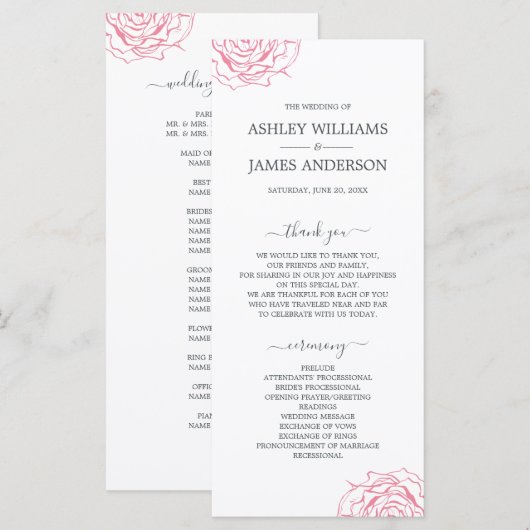 Chic Script floral Pink Rose Einfache Hochzeit Programm (Vorne/Hinten)