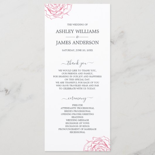 Chic Script floral Pink Rose Einfache Hochzeit Programm (Vorderseite)