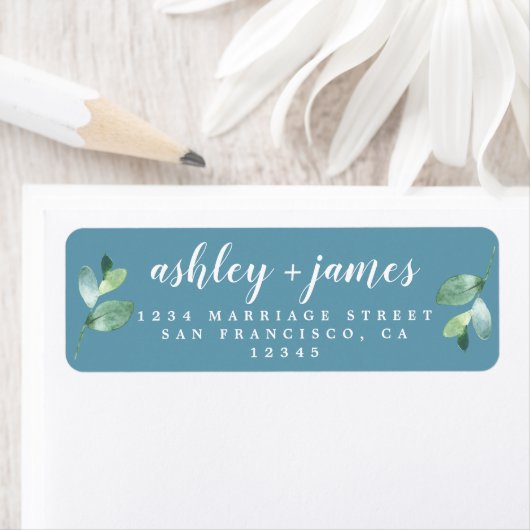 Chic Script Foliage Blue Return Address Label (Insitu)