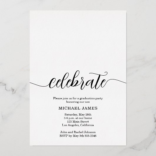 Chic Script Foto Abschluss Gold Folieneinladung (Rückseite)