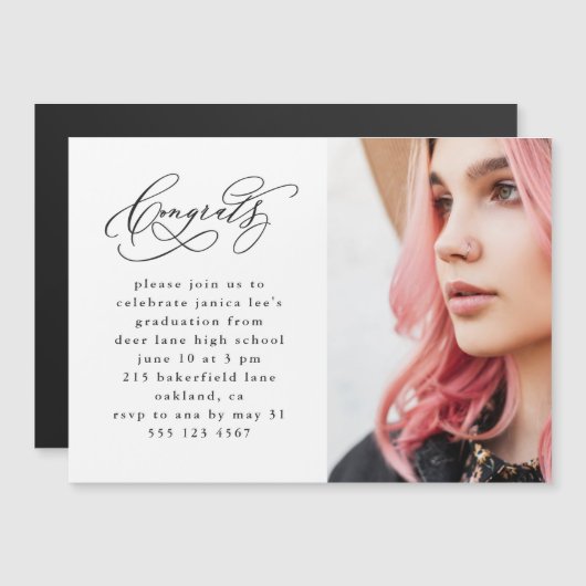 Chic Script Foto Abschluss Magnetische Einladung (Vorne/Hinten)