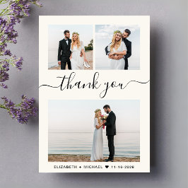 Chic Script Foto Collage Cream Wedding Dankeskarte