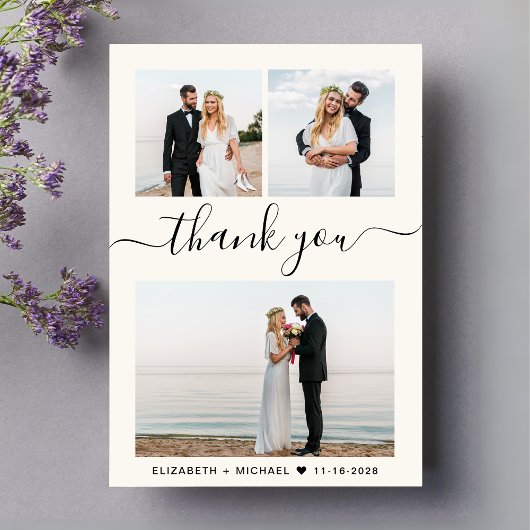 Chic Script Foto Collage Cream Wedding Dankeskarte