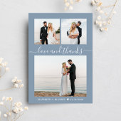Chic Script Foto Collage Dusty Blue Wedding Dankeskarte