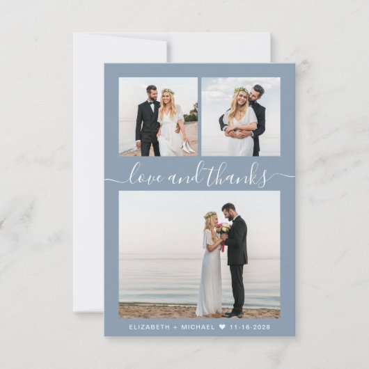 Chic Script Foto Collage Dusty Blue Wedding Dankeskarte (Vorderseite)