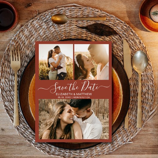Chic Script Foto Collage Terracotta Save the Date Ankündigungspostkarte