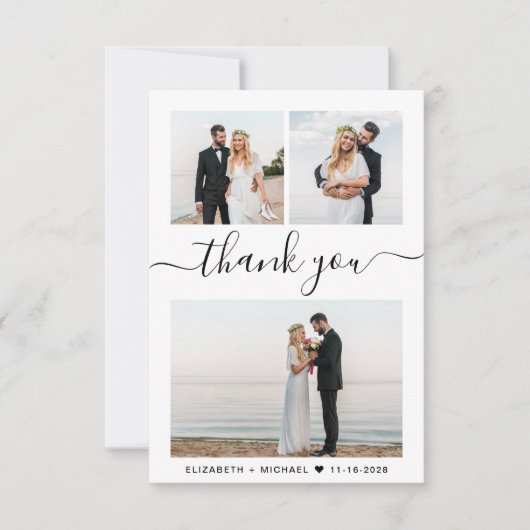 Chic Script Foto Collage Wedding Dankeskarte (Vorderseite)