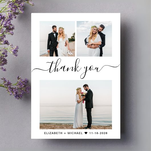 Chic Script Foto Collage Wedding Dankeskarte