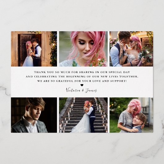 Chic Script | Foto Collage Wedding Vielen Dank Folieneinladung (Rückseite)