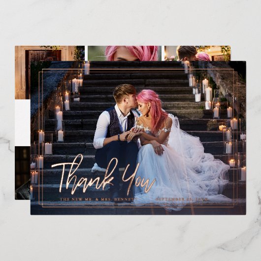 Chic Script | Foto Collage Wedding Vielen Dank Folieneinladung (Vorderseite/Rückseite)