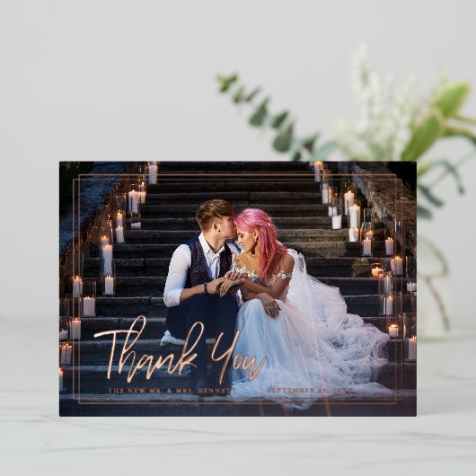 Chic Script | Foto Collage Wedding Vielen Dank Folieneinladung (Stehend vorne)