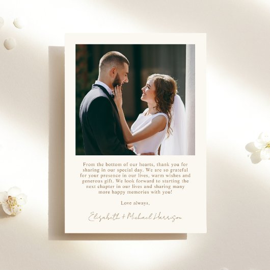 Chic Script Foto Cream Gold Wedding Dankeskarte