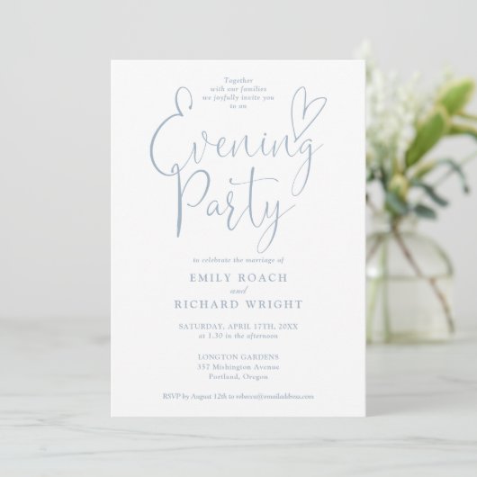 Chic Script Foto Dusty Blue Wedding Abend Party Einladung (Stehend Vorderseite)