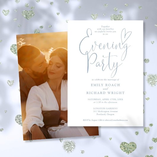 Chic Script Foto Dusty Blue Wedding Abend Party Einladung