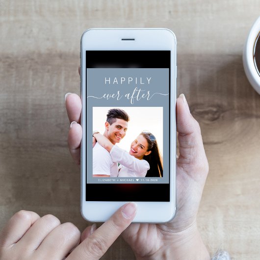 Chic Script Foto Dusty Blue Wedding Einladung