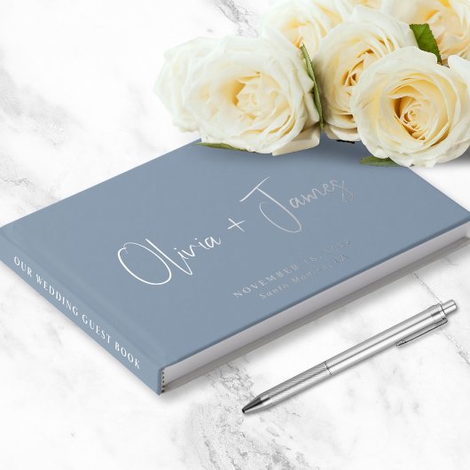 Chic Script Foto Dusty Blue Wedding Gästebuch