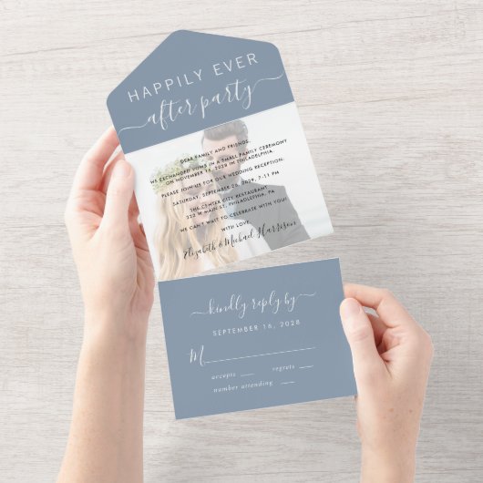 Chic Script Foto Dusty Blue Wedding Reception All In One Einladung (Abreißen)