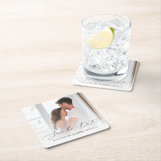 Chic Script-Foto Hochzeit speichern das Datum Rechteckiger Pappuntersetzer (Vor Ort)
