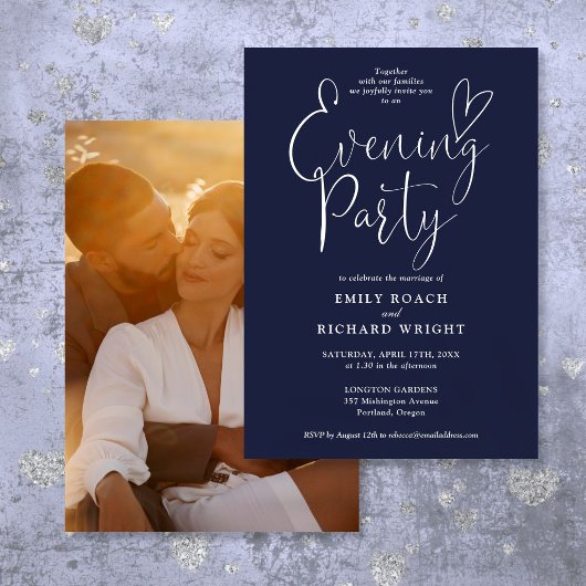 Chic Script Foto Navy Blue Wedding Abend Party Einladung